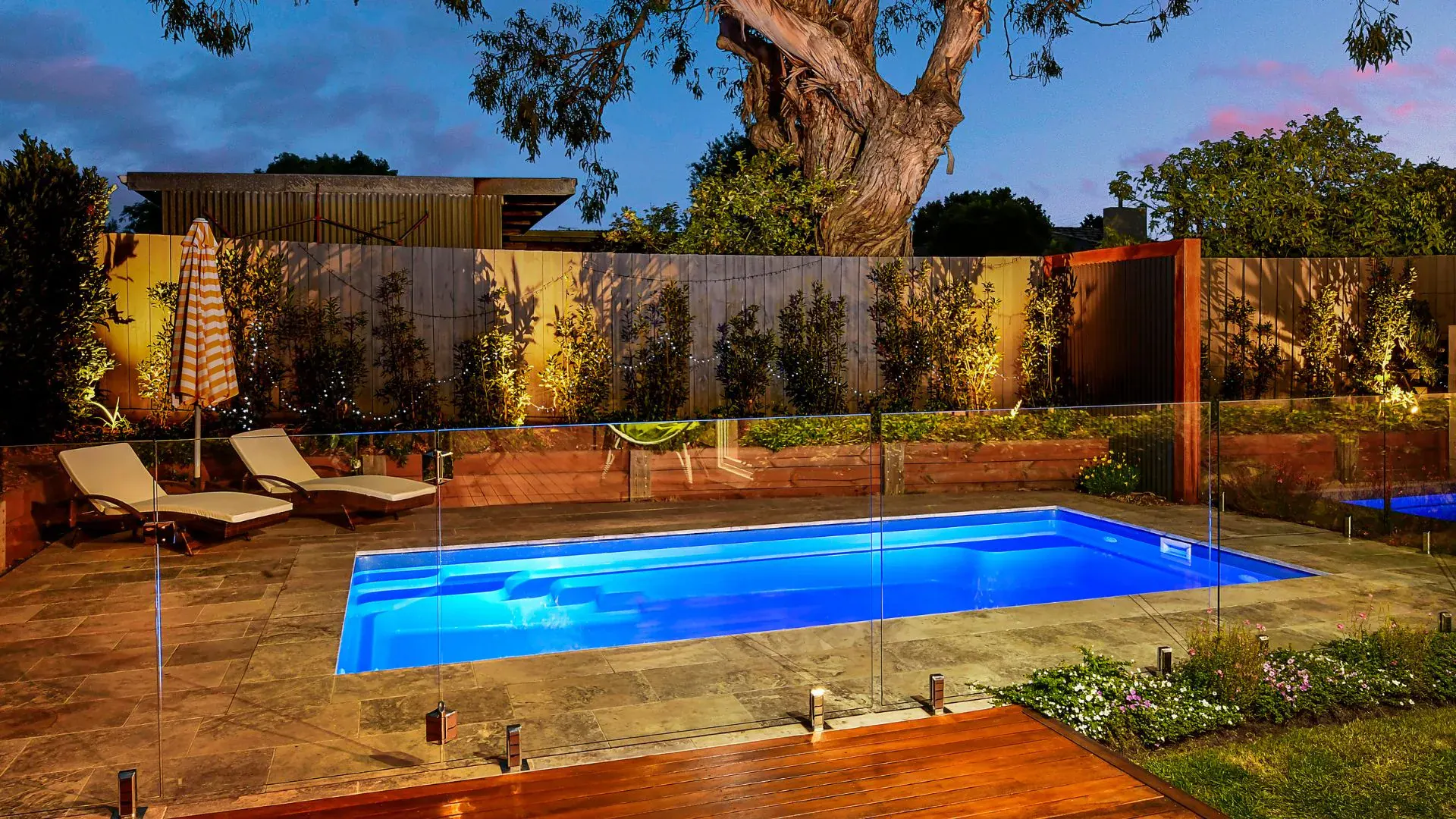 Finished fibreglass pool with illuminated water feature