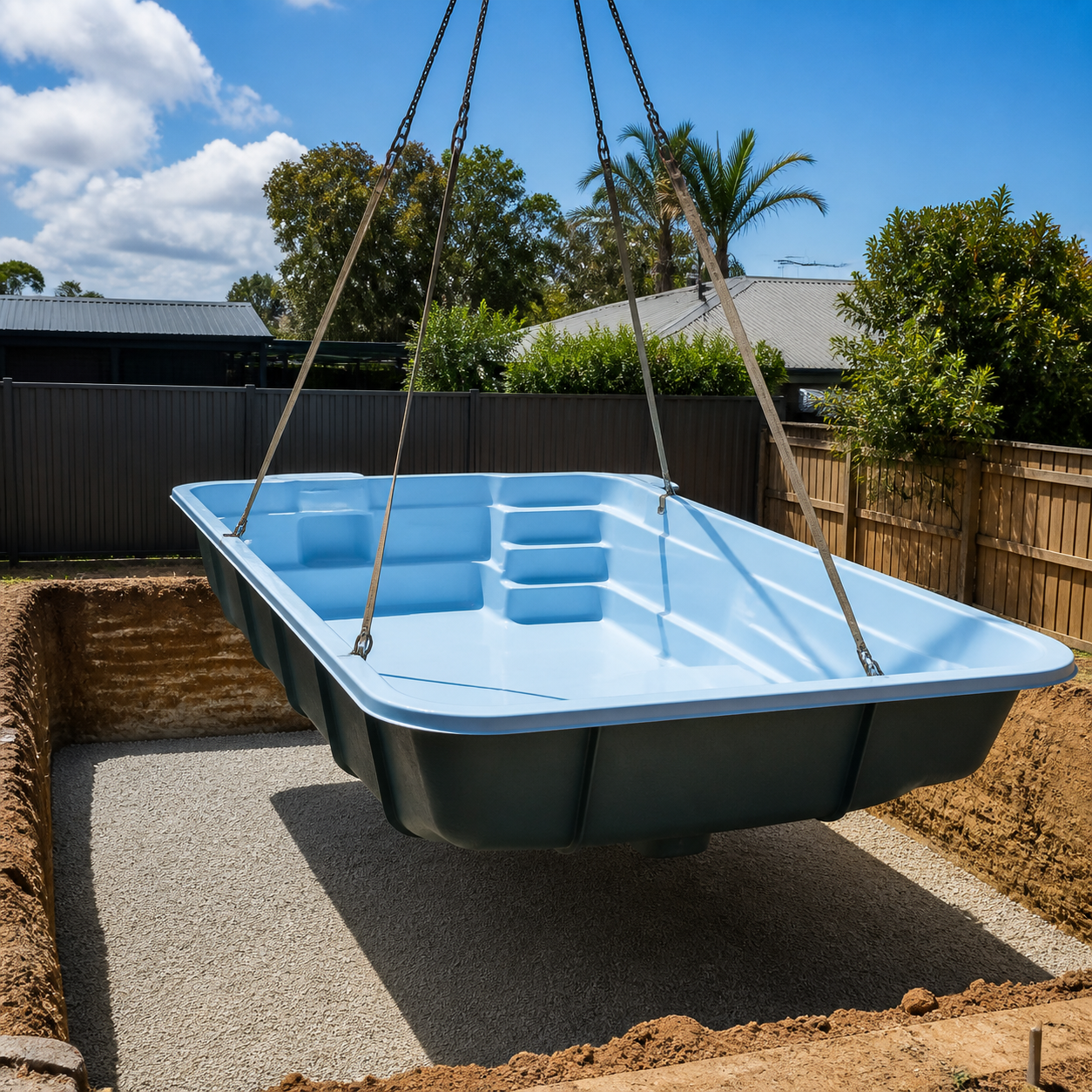Empty fibreglass pool shell being lowered into a prepared excavation