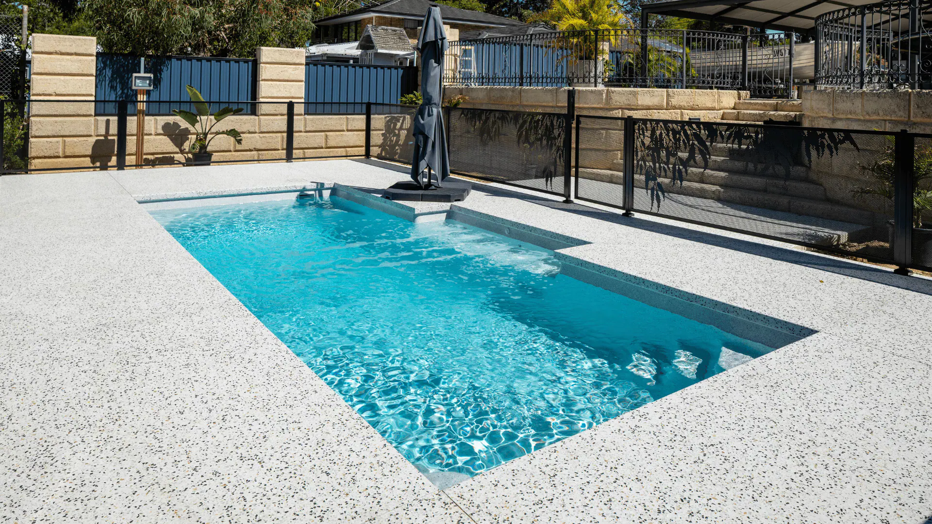 Completed fibreglass swimming pool suitable for a Kangaroo Point backyard